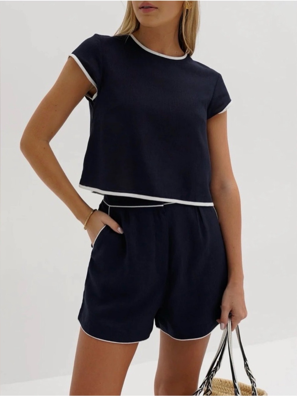 Commense Pure Cotton Contrast Trim Shorts Set in small